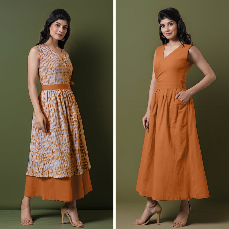 Reversible Rust Orange Tie-Dye Cotton V-Neck Sleeveless Maxi Wrap Dress