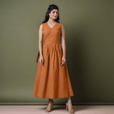 Reversible Rust Orange Tie-Dye Cotton V-Neck Sleeveless Maxi Wrap Dress