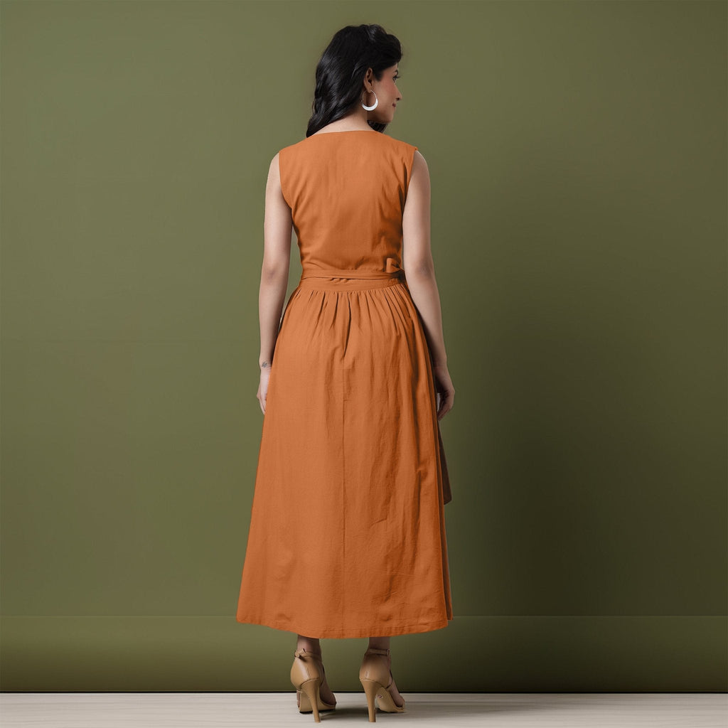 Reversible Rust Orange Tie-Dye Cotton V-Neck Sleeveless Maxi Wrap Dress