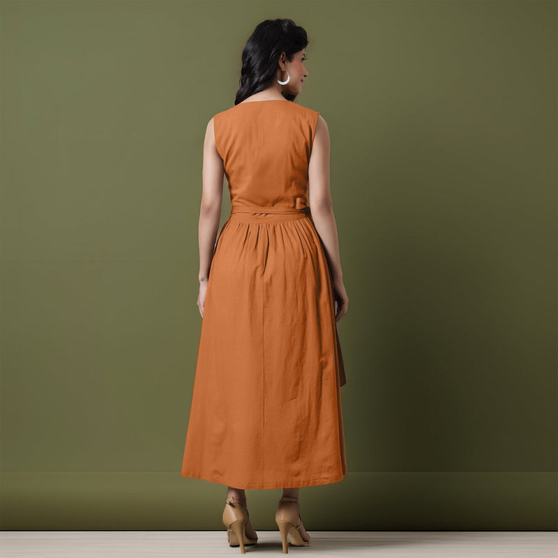 Reversible Rust Orange Tie-Dye Cotton V-Neck Sleeveless Maxi Wrap Dress