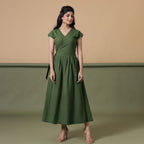 Front View of a Model wearing Reversible Forest Green Tie-Dye Cotton Maxi Wrap Dress