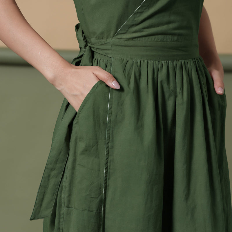 Front Detail of a Model wearing Reversible Forest Green Tie-Dye Cotton Maxi Wrap Dress