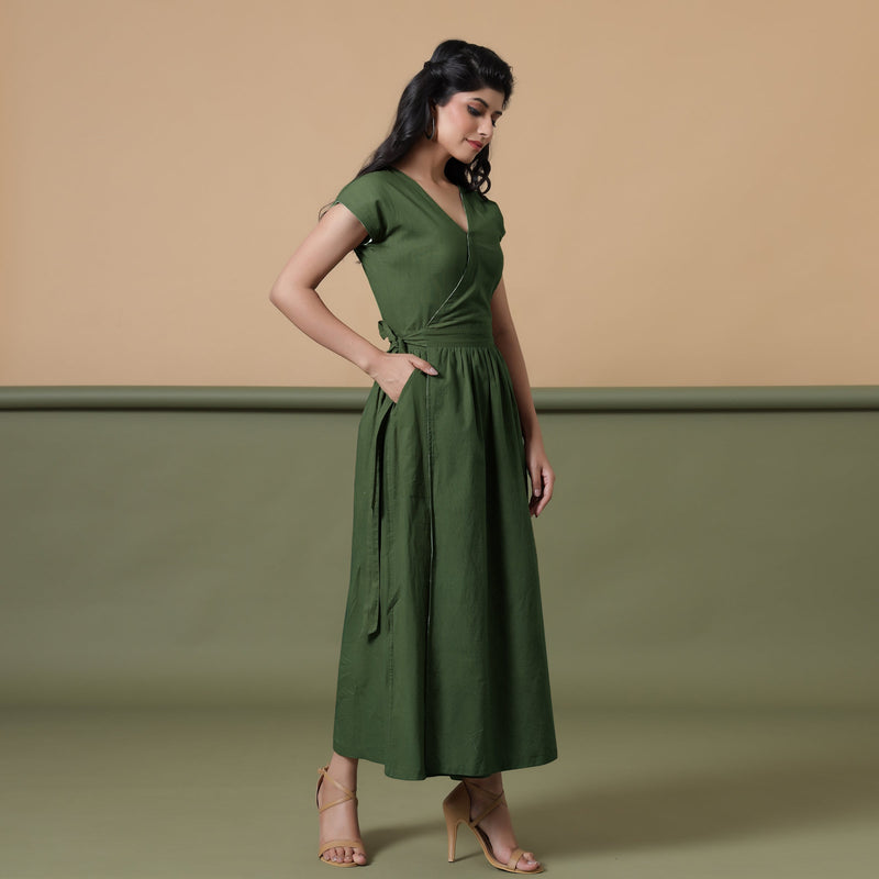 Right View of a Model wearing Reversible Forest Green Tie-Dye Cotton Maxi Wrap Dress