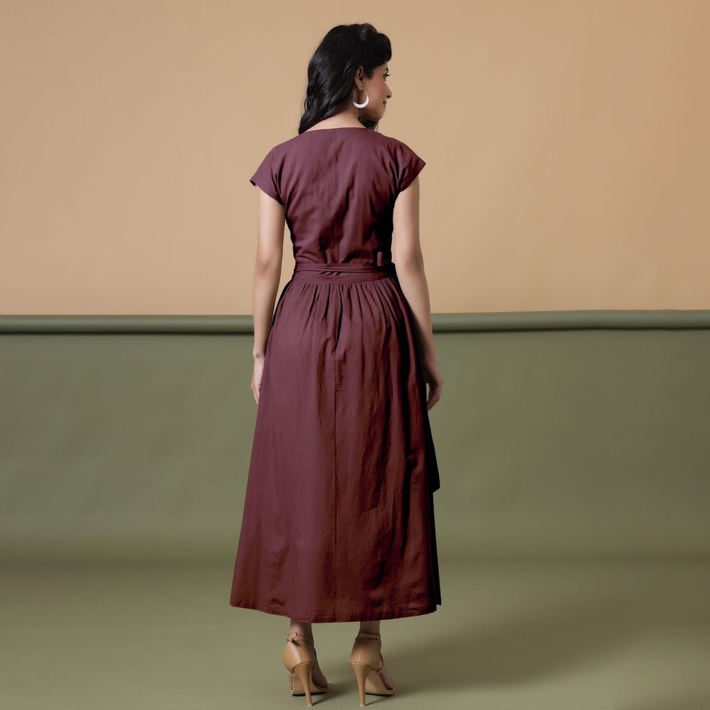 Back View of a Model wearing Reversible Maroon Tie-Dye Cotton V-Neck Maxi Wrap Dress