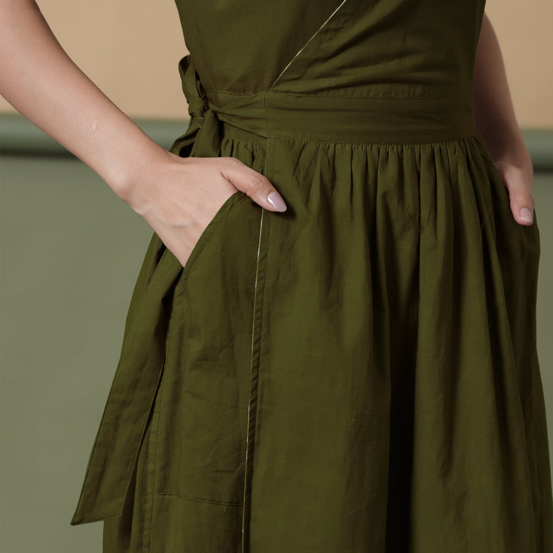 Front Detail of a Model wearing Reversible Moss Green Tie-Dye Cotton Maxi Wrap Dress