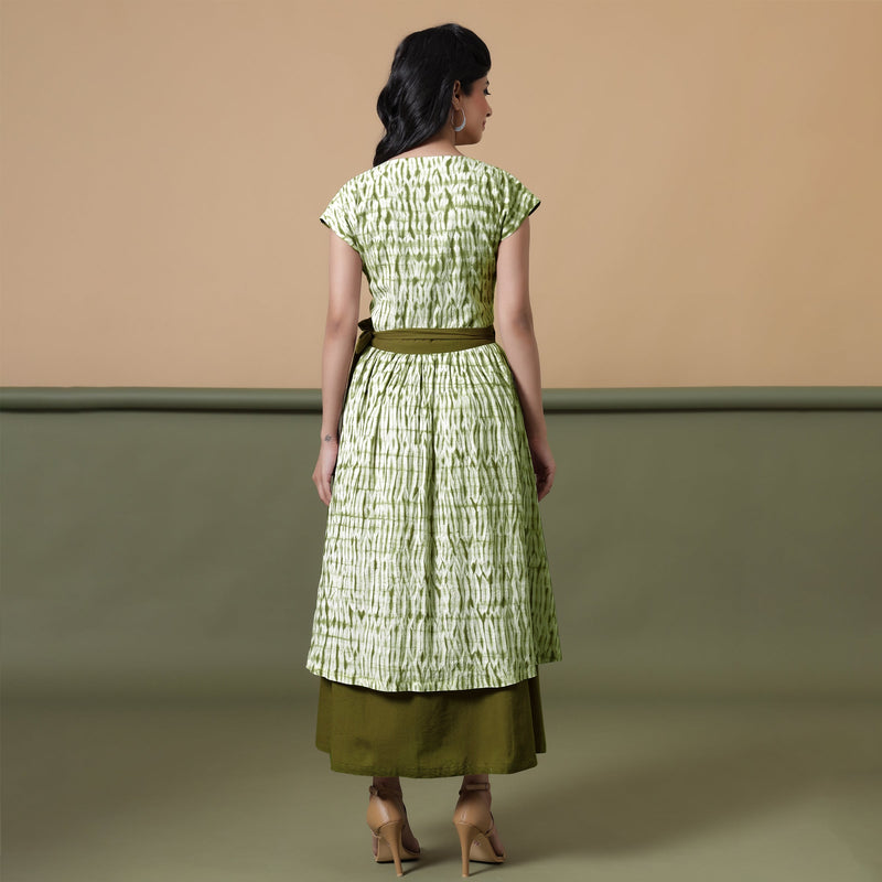 Back View of a Model wearing Reversible Moss Green Tie-Dye Cotton Maxi Wrap Dress