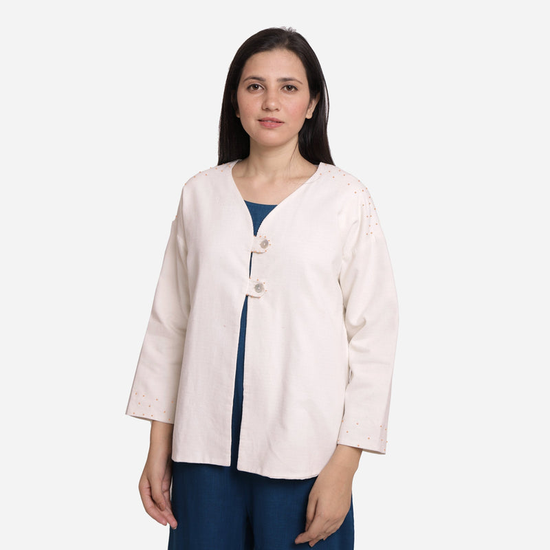 Front View of a Model wearing Reversible White Warm Cotton Corduroy Short Jacket