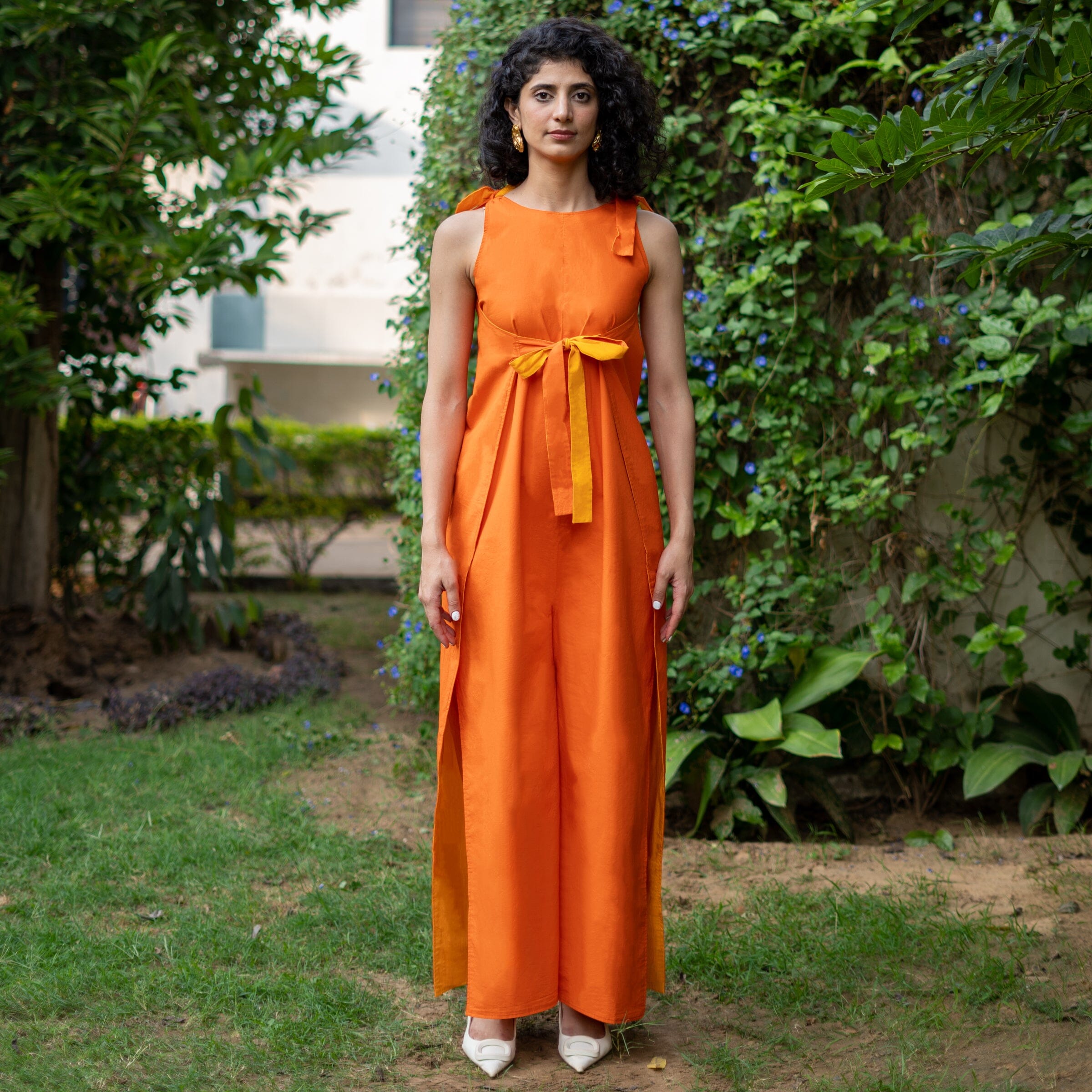 Reversible Yellow and Orange Cotton Poplin Flared Wrap Jumpsuit