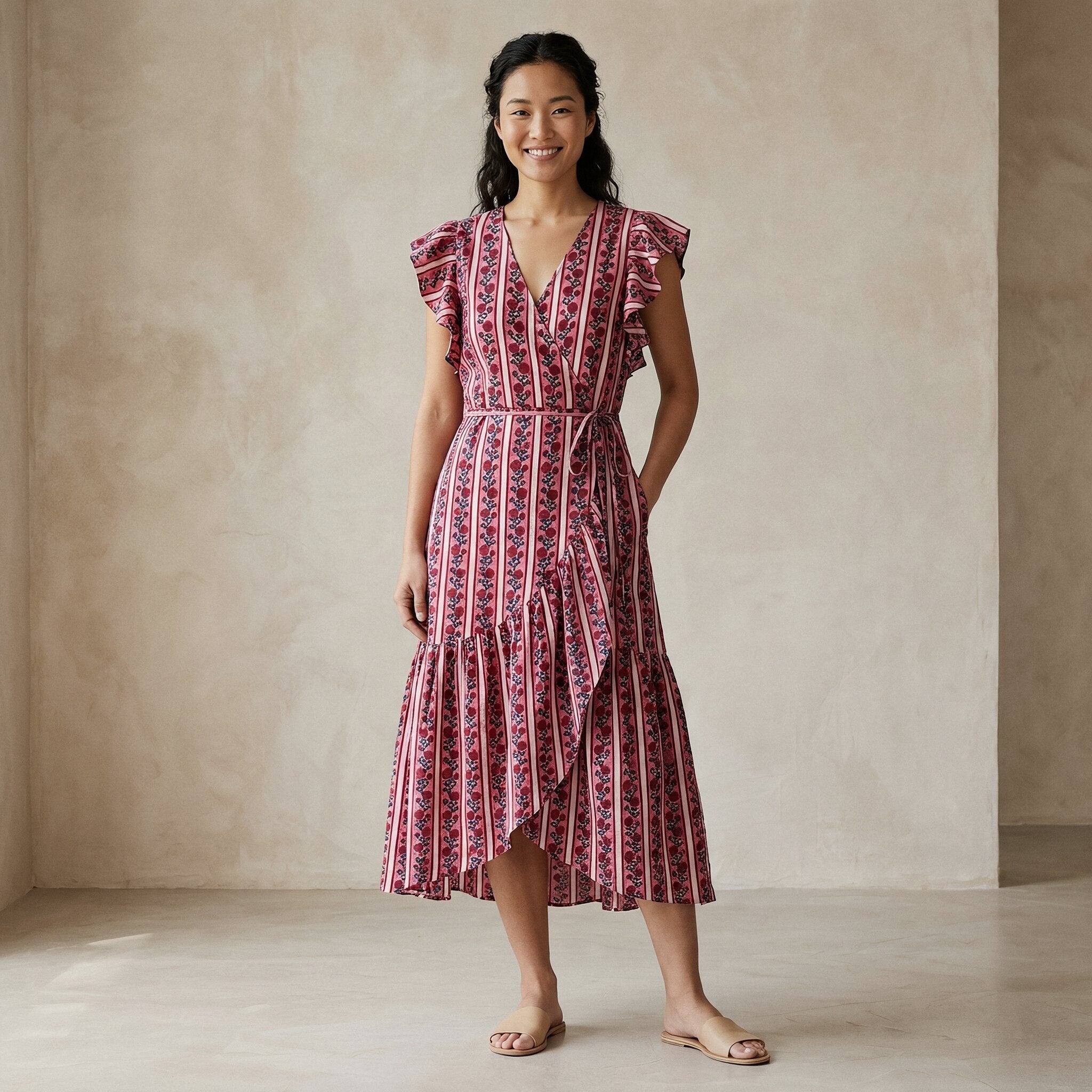 Rose Garden Floral Stripes Block Print Cotton Ruffle Midi Wrap Dress