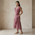 Rose Garden Floral Stripes Block Print Cotton Ruffle Midi Wrap Dress