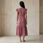 Rose Garden Floral Stripes Block Print Cotton Ruffle Midi Wrap Dress