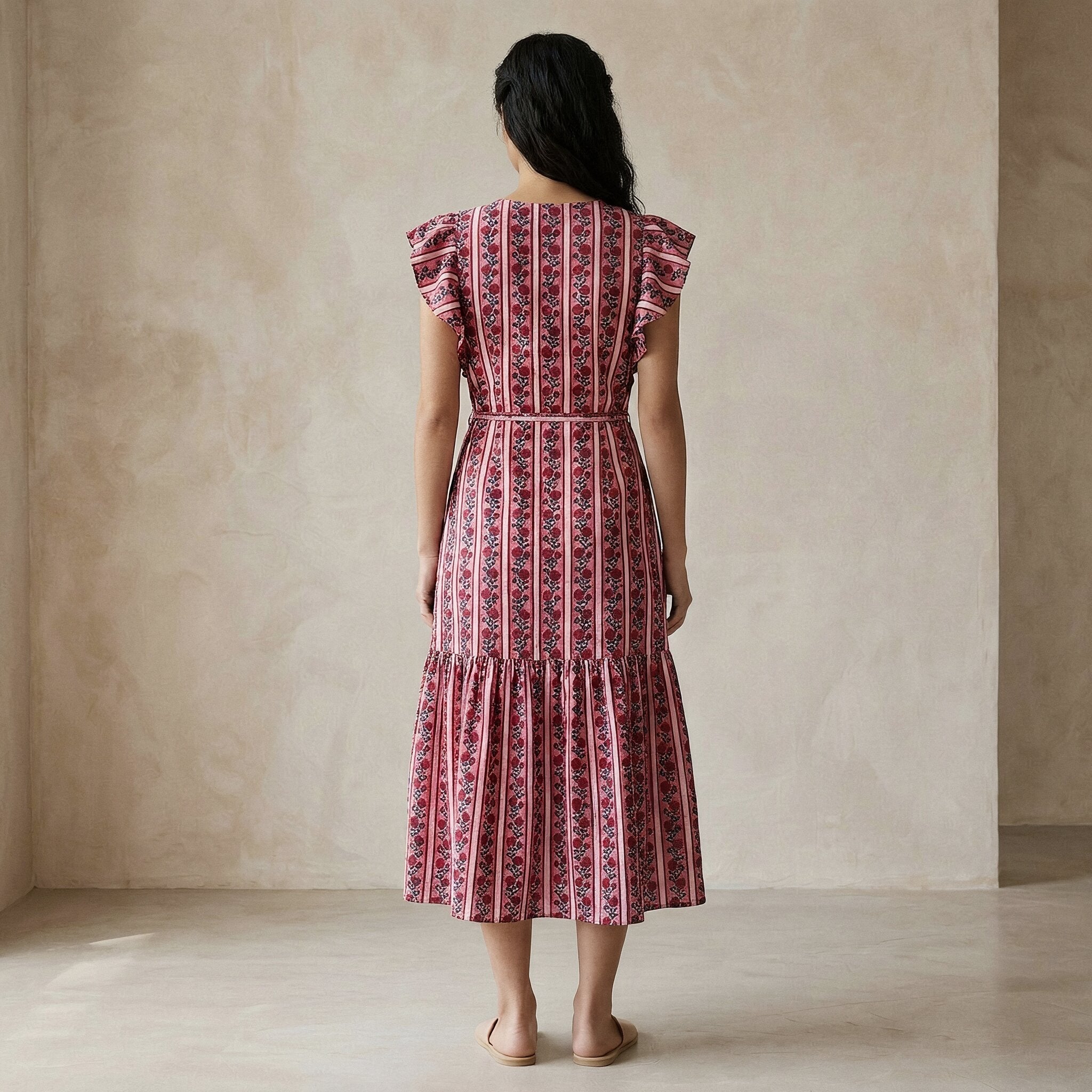 Rose Garden Floral Stripes Block Print Cotton Ruffle Midi Wrap Dress