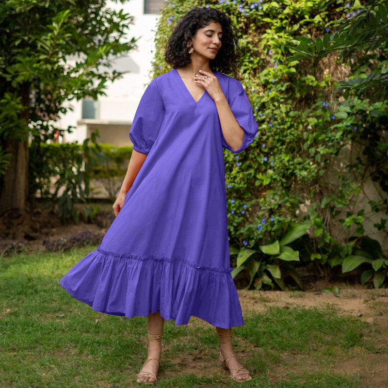 Royal Blue Cotton Poplin A-Line Deep Neck Maxi Tier Dress