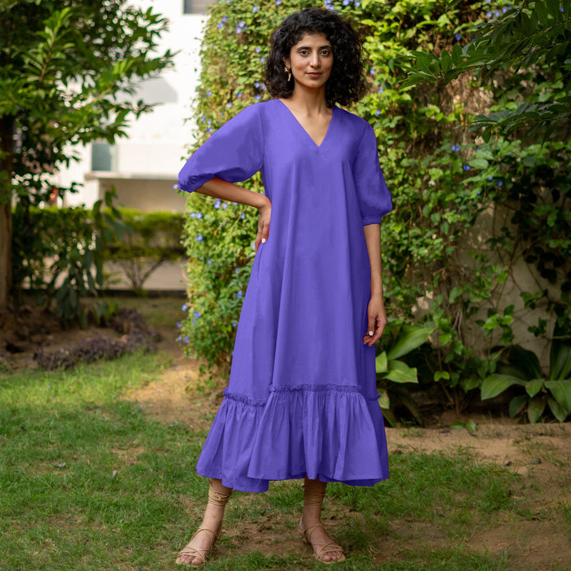 Royal Blue Cotton Poplin A-Line Deep Neck Maxi Tier Dress