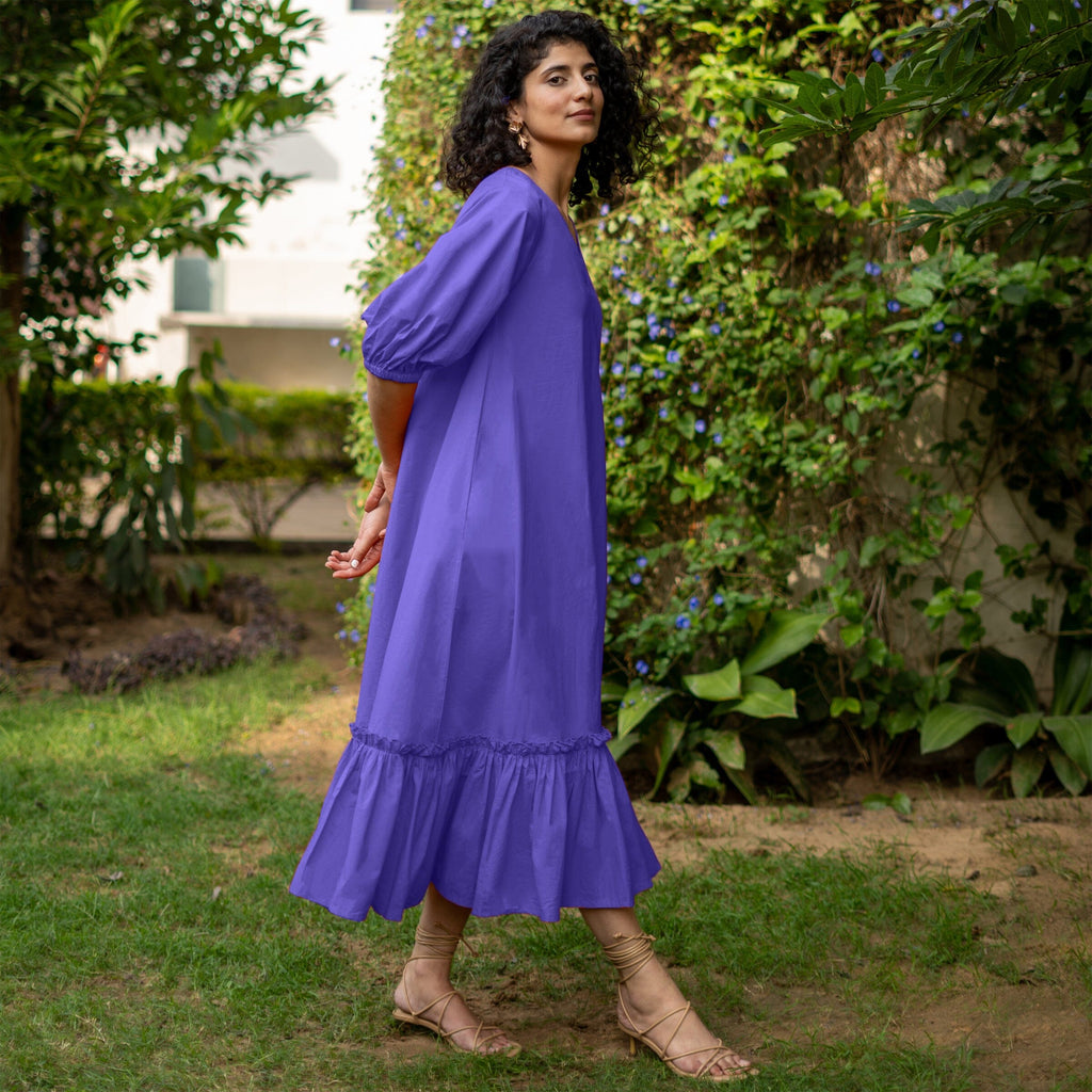 Royal Blue Cotton Poplin A-Line Deep Neck Maxi Tier Dress