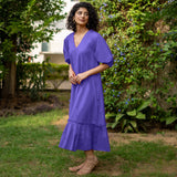 Royal Blue Cotton Poplin A-Line Deep Neck Maxi Tier Dress