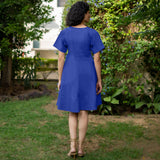 Royal Blue Cotton Poplin Drop Shoulder Sleeves Knee Length Wrap Dress