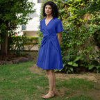 Royal Blue Cotton Poplin Drop Shoulder Sleeves Knee Length Wrap Dress