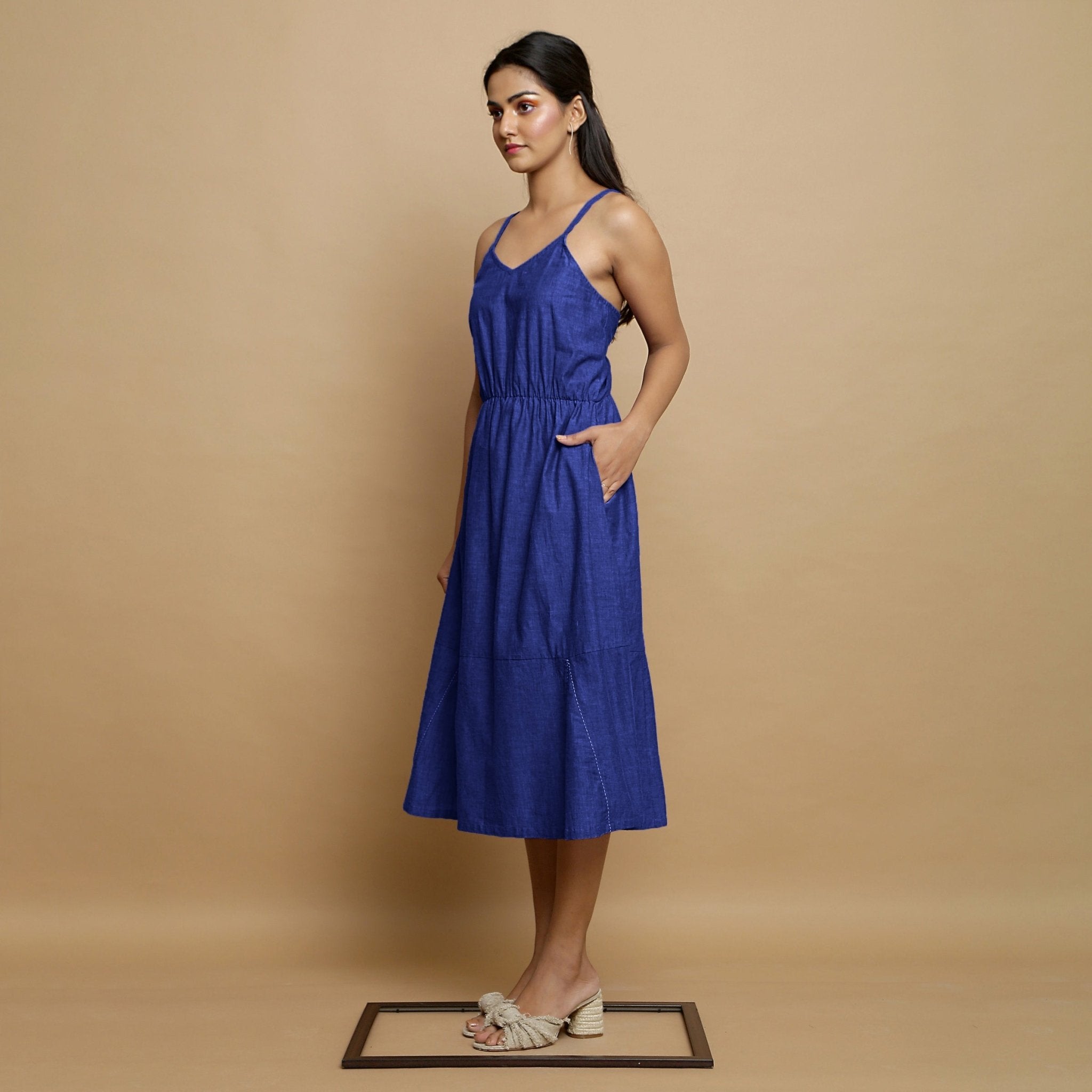 Royal Blue Cotton Poplin Elasticated Midi Cami Dress