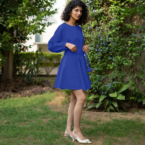 Royal Blue Cotton Poplin Fit and Flare Balloon Sleeves Short Dress