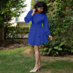 Royal Blue Cotton Poplin Fit and Flare Balloon Sleeves Short Dress