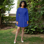 Royal Blue Cotton Poplin Fit and Flare Balloon Sleeves Short Dress