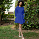 Royal Blue Cotton Poplin Fit and Flare Balloon Sleeves Short Dress