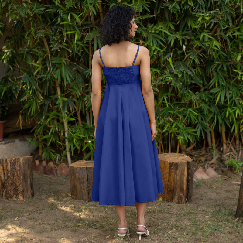 Royal Blue Cotton Poplin Fit and Flare Midi Empire Dress