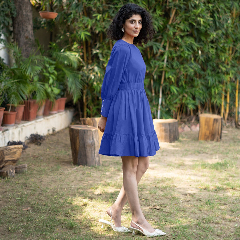 Royal Blue Cotton Poplin Gathered Short Tier Dress