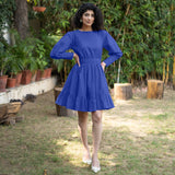 Royal Blue Cotton Poplin Gathered Short Tier Dress
