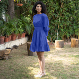 Royal Blue Cotton Poplin Gathered Short Tier Dress