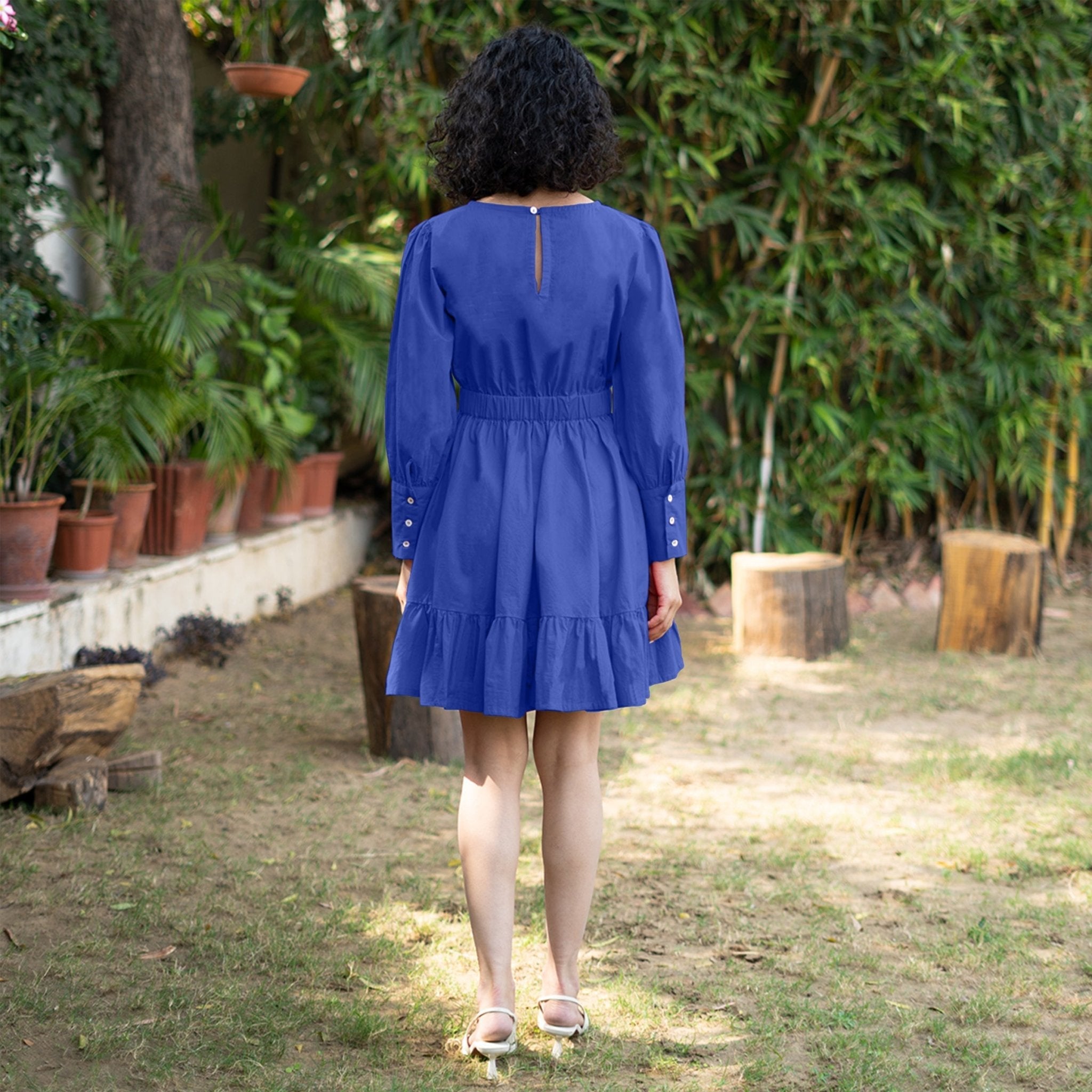 Royal Blue Cotton Poplin Gathered Short Tier Dress