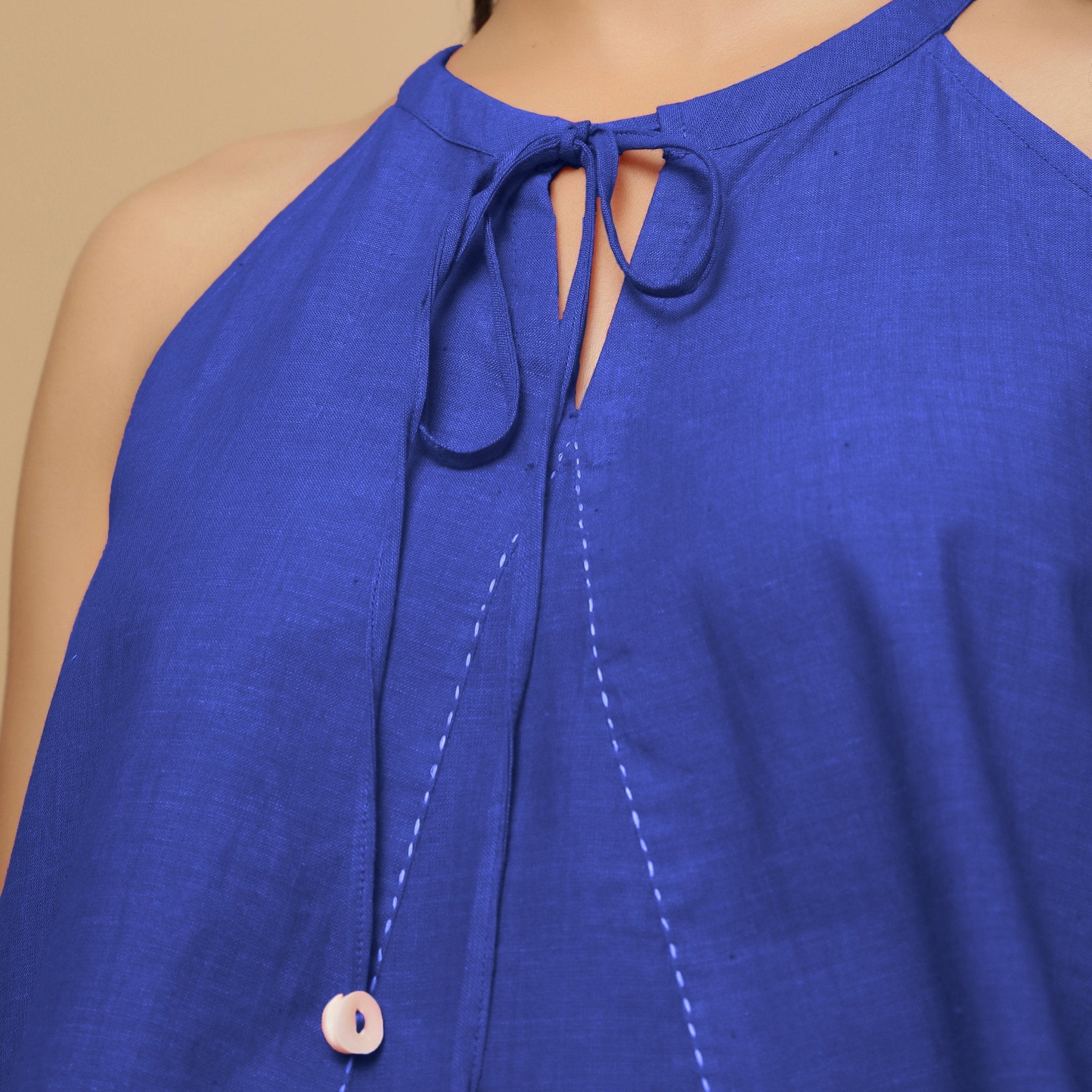 Royal Blue Cotton Poplin Halter Neck Flared Top