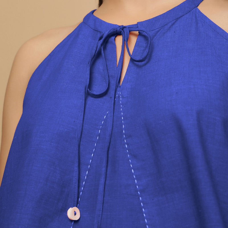 Royal Blue Cotton Poplin Halter Neck Flared Top