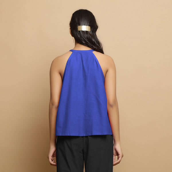 Royal Blue Cotton Poplin Halter Neck Flared Top