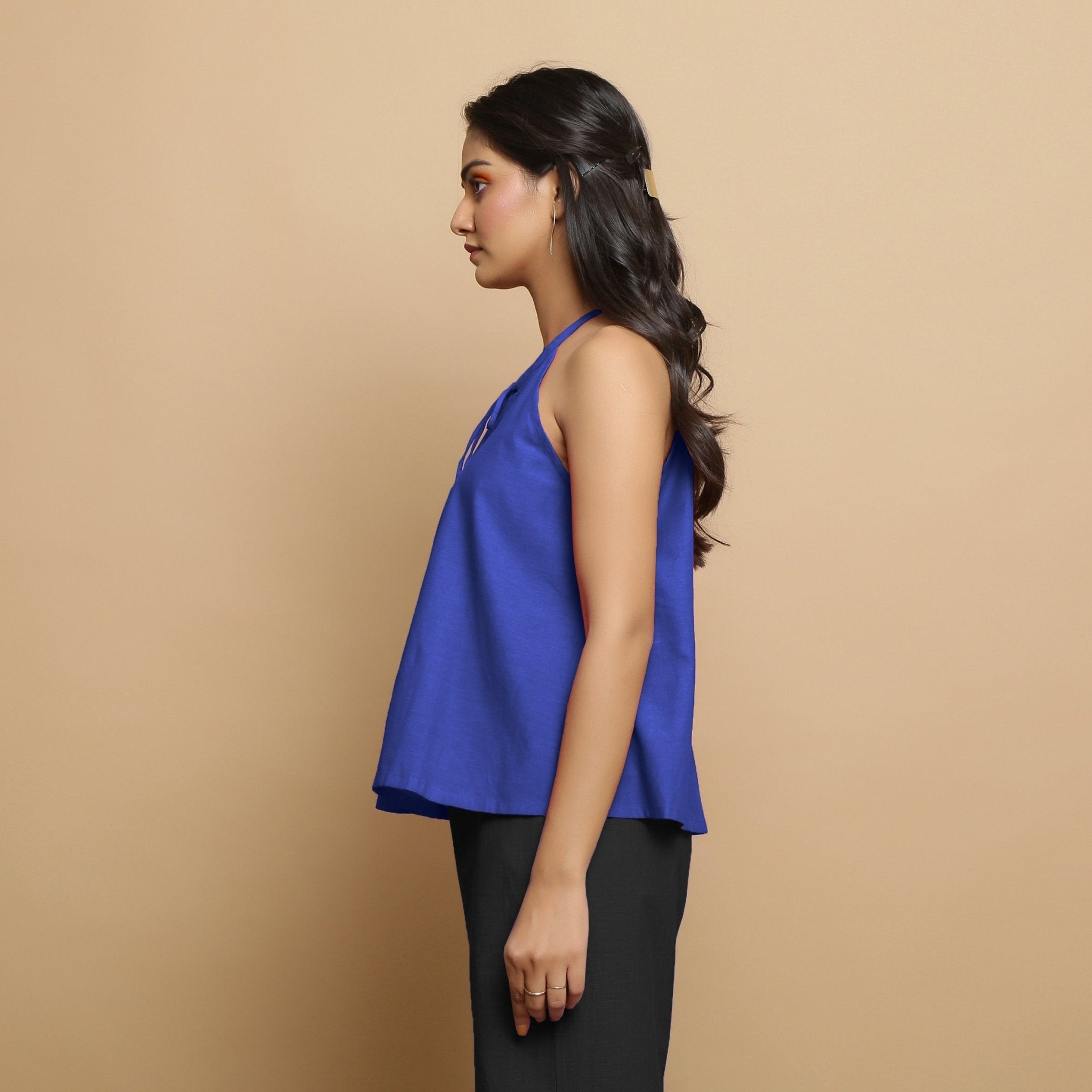 Royal Blue Cotton Poplin Halter Neck Flared Top