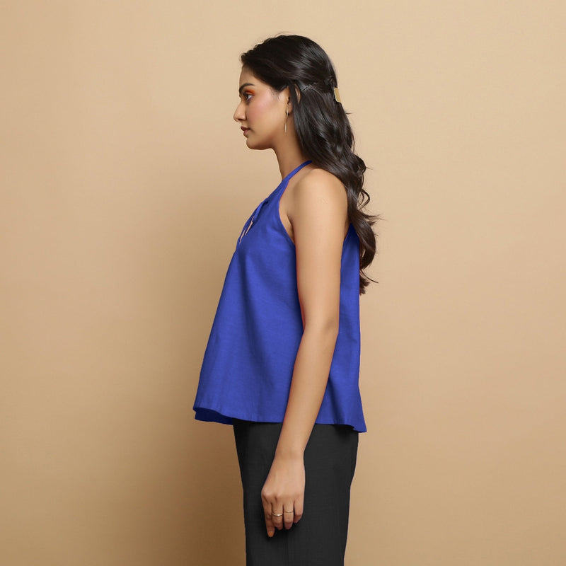 Royal Blue Cotton Poplin Halter Neck Flared Top