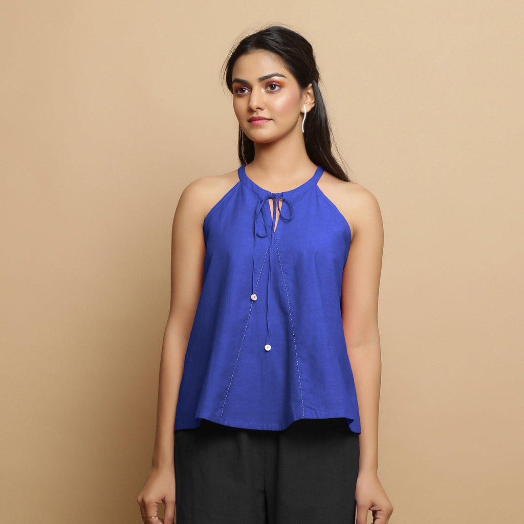 Royal Blue Cotton Poplin Halter Neck Flared Top
