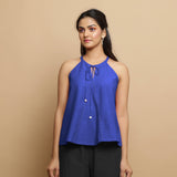 Royal Blue Cotton Poplin Halter Neck Flared Top