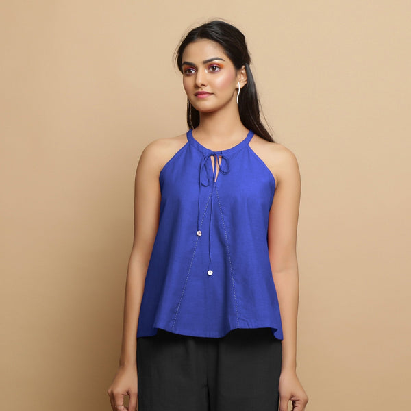 Royal Blue Cotton Poplin Halter Neck Flared Top