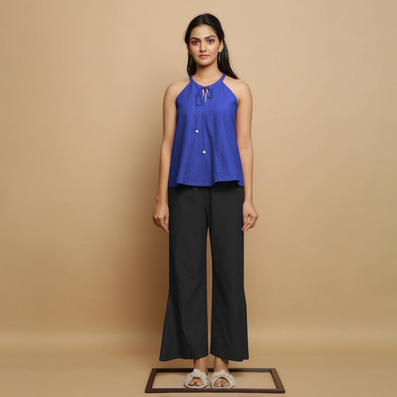 Royal Blue Cotton Poplin Halter Neck Flared Top
