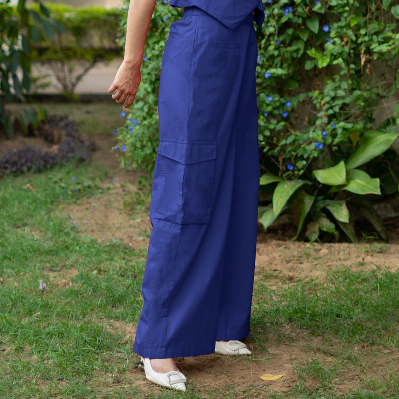 Royal Blue Cotton Poplin High-Rise Elasticated Wide Legged Cargo Pant