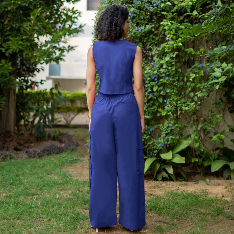 Royal Blue Cotton Poplin High-Rise Elasticated Wide Legged Cargo Pant