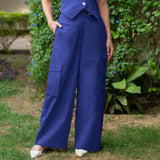 Royal Blue Cotton Poplin High-Rise Elasticated Wide Legged Cargo Pant