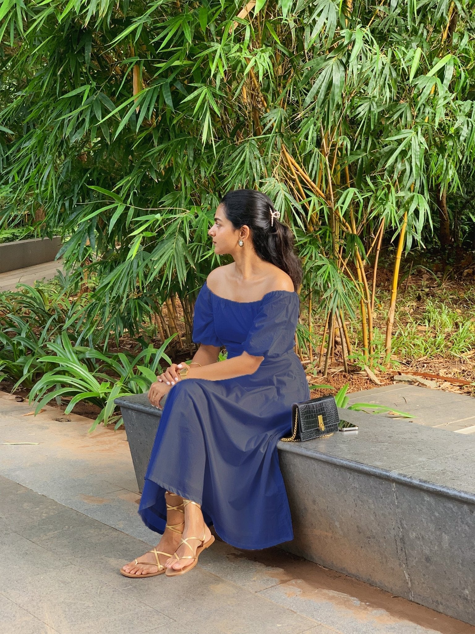 Royal Blue Cotton Poplin Midi Off-Shoulder Dress