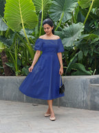 Royal Blue Cotton Poplin Midi Off-Shoulder Dress