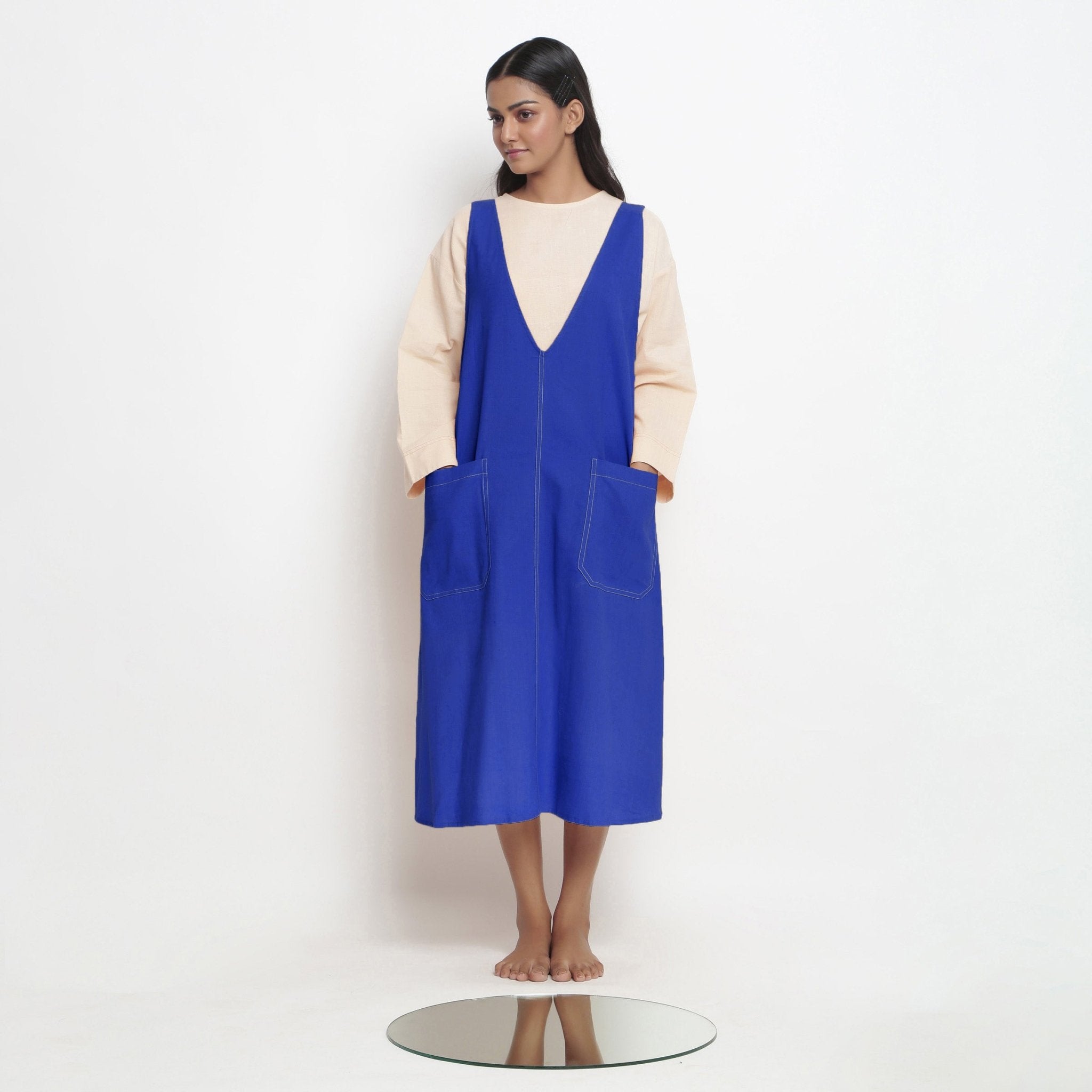 Royal Blue Cotton Poplin Paneled Midi Shift Dress