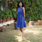 Royal Blue Cotton Poplin Sleeveless Gathered Short Dress