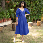 Royal Blue Cotton Poplin V-Neck Gathered Midi Wrap Dress