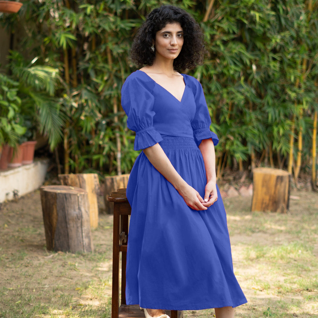 Royal Blue Cotton Poplin V-Neck Gathered Midi Wrap Dress